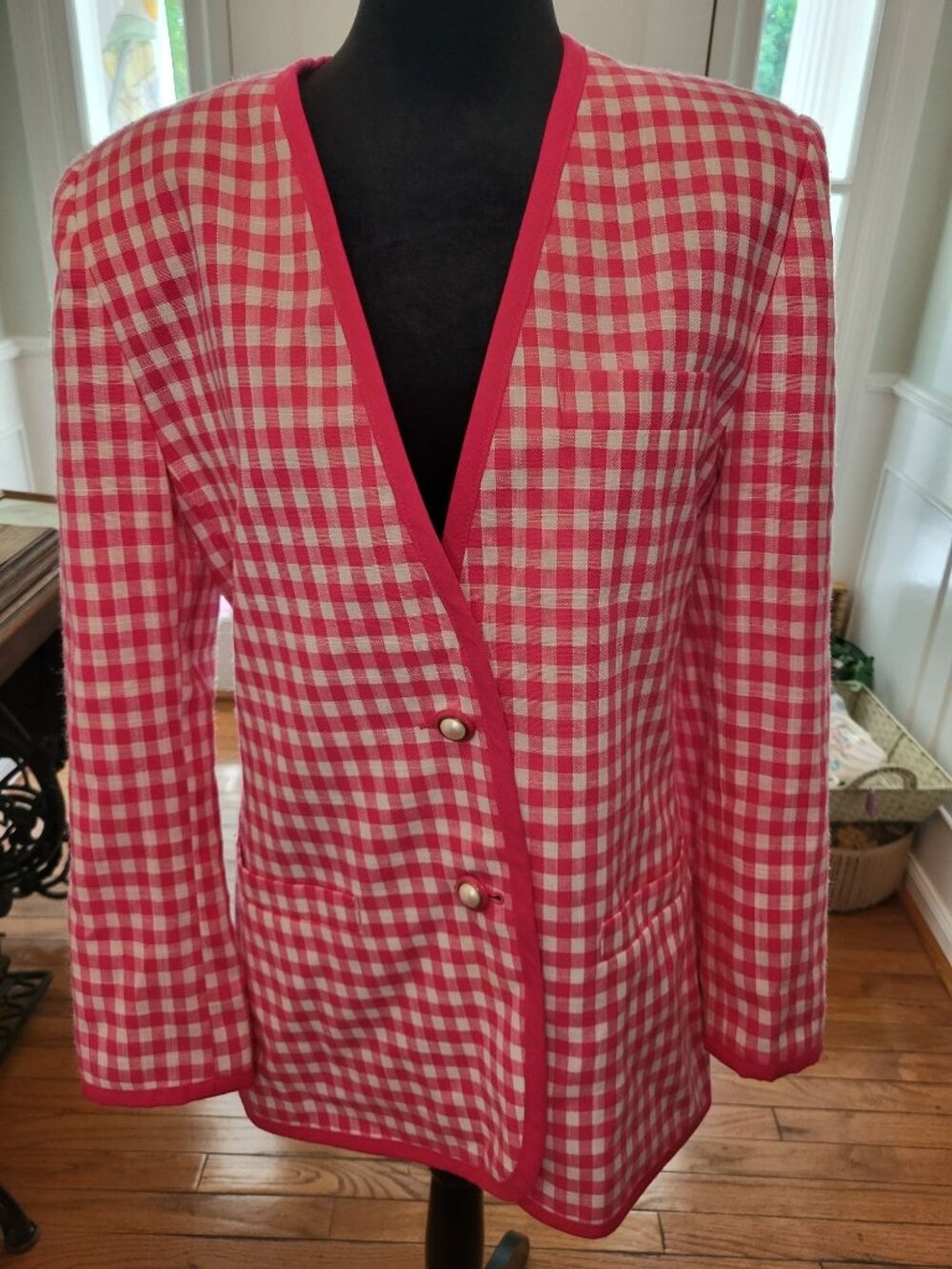 Haberdashery Vintage 80s Pink White Gingham Blazer Pearl Buttons 10 Preppy